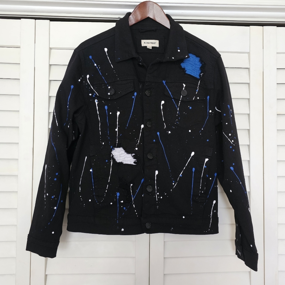 Blind Trust Paint Splatter Jean Jacket Size M Patched Shredded Black Blue White